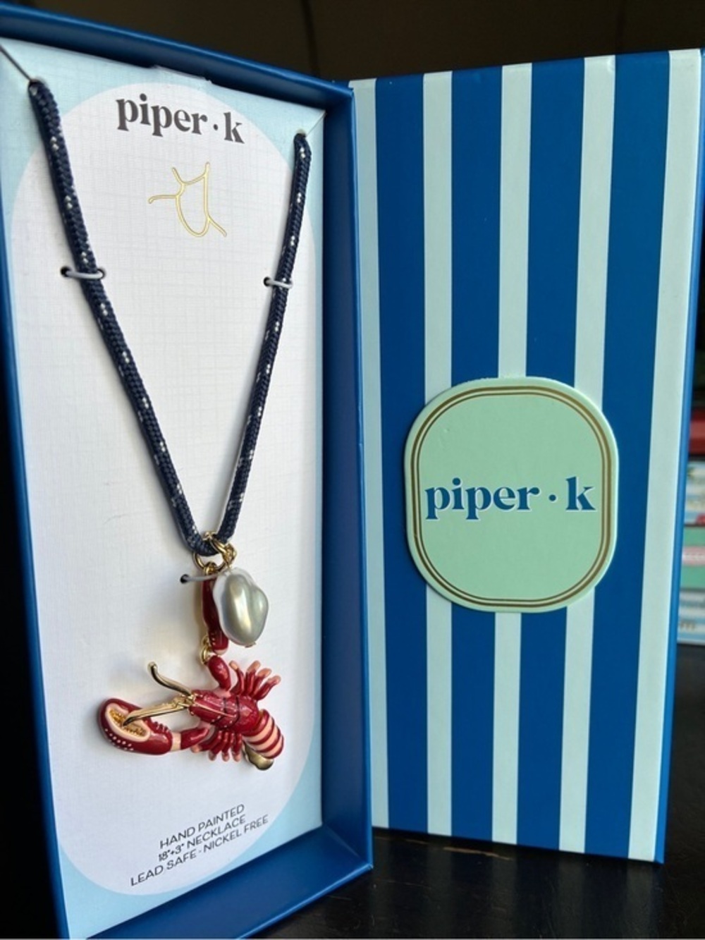 Piper Red Lobster Pendant Necklace with Pearl Accent on Navy Cord size 18” + 3”
